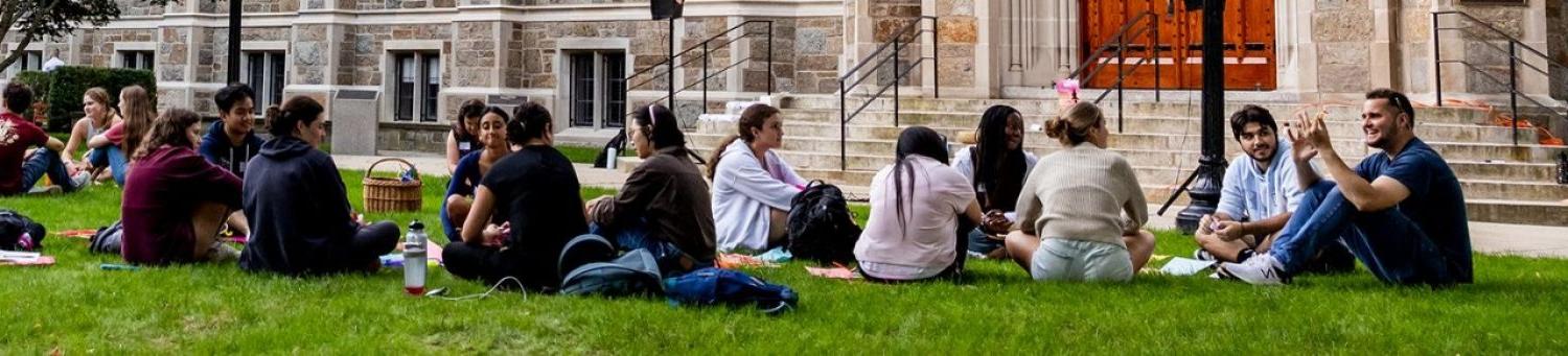 Students meeting on lawn